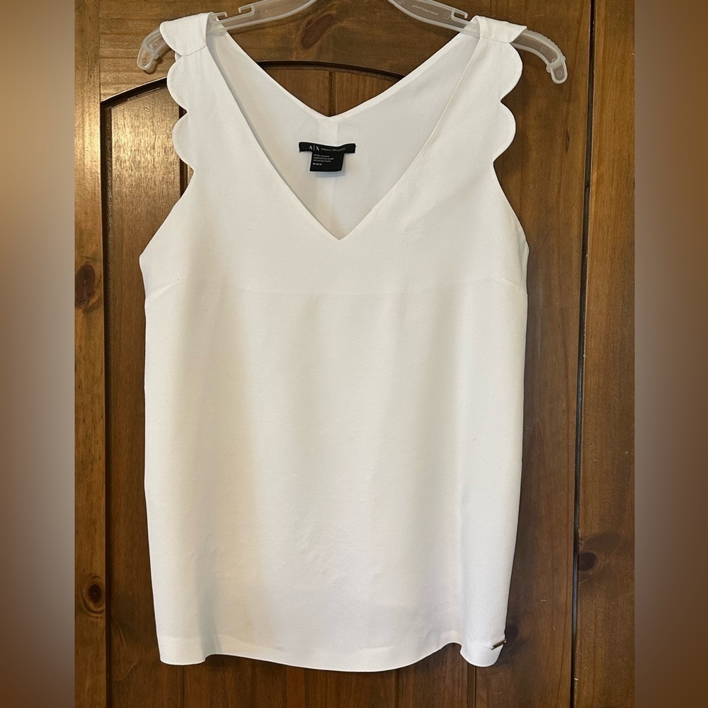 Armani Exchange White V Neck Lined Sleeveless Top with Scalloped Detail Sz M
